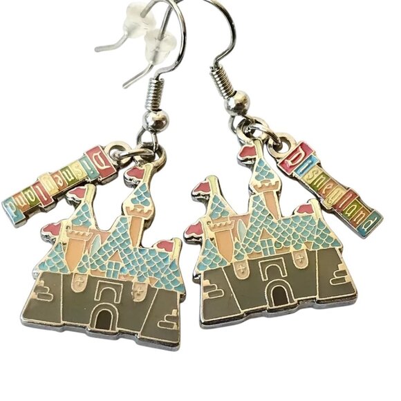 Vintage Disney Cinderella Castle Charm Earrings Disneyland Sleeping Beauty - Picture 1 of 10